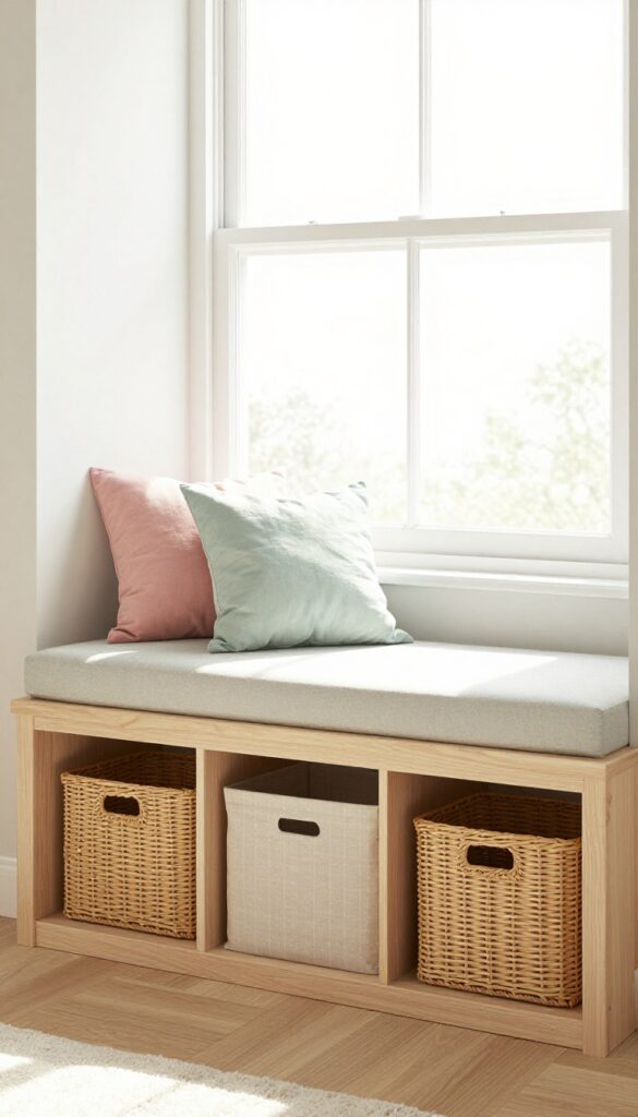 Girl's bedroom with a window seat featuring storage cubes underneath, soft cushions, and natural light.