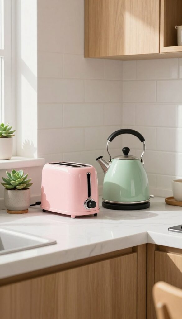 Pastel pink toaster and mint green kettle on a white marble countertop with a succulent, neutral kitchen background.