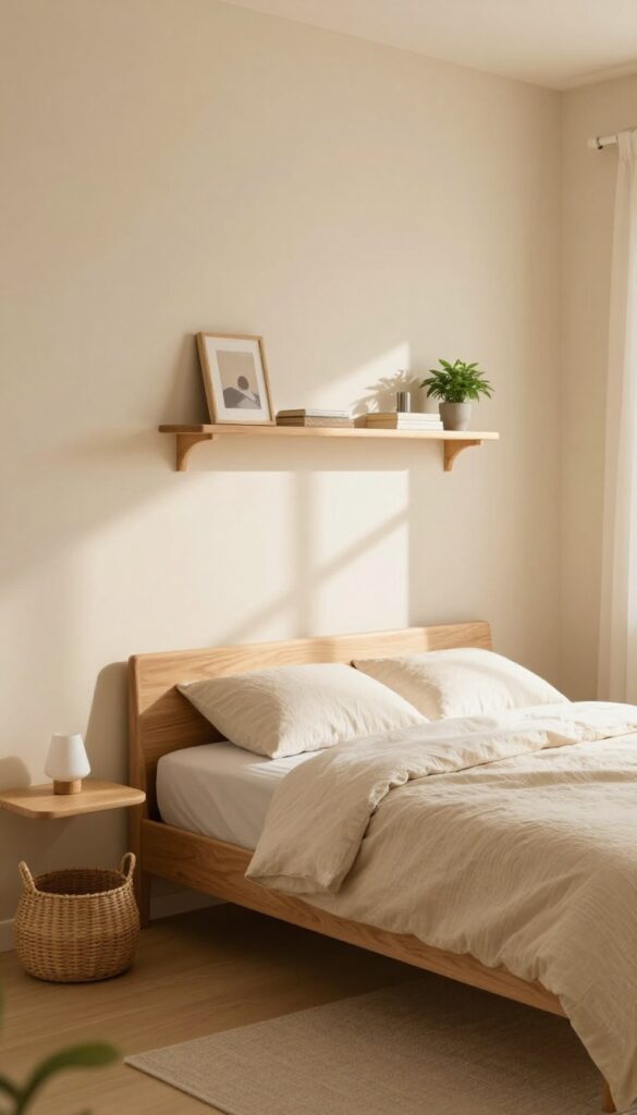 Small bedroom with warm beige walls, bed with textured linens, and floating nightstands with lamps and plants, bright natural light