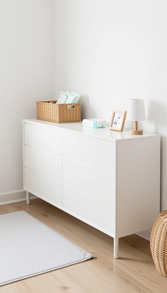 Low wide dresser with changing pad and woven basket in bright nursery guest room