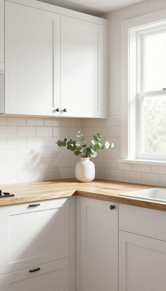 White subway tile backsplash with warm gray grout in a farmhouse kitchen