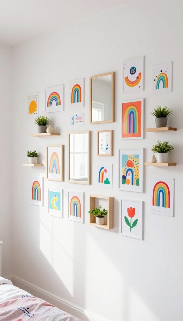 Rainbow gallery wall in a bright girl's bedroom with colorful artwork in white and light wood frames, small shelves with plants, natural light.