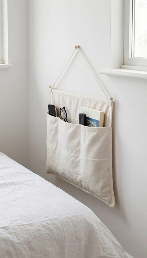 Bedside caddy hanging off the side of a bed with pockets holding phone, glasses, remote, and book