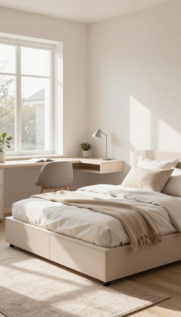 Low platform bed with built-in drawers and floating desk in a bright teen girl's bedroom