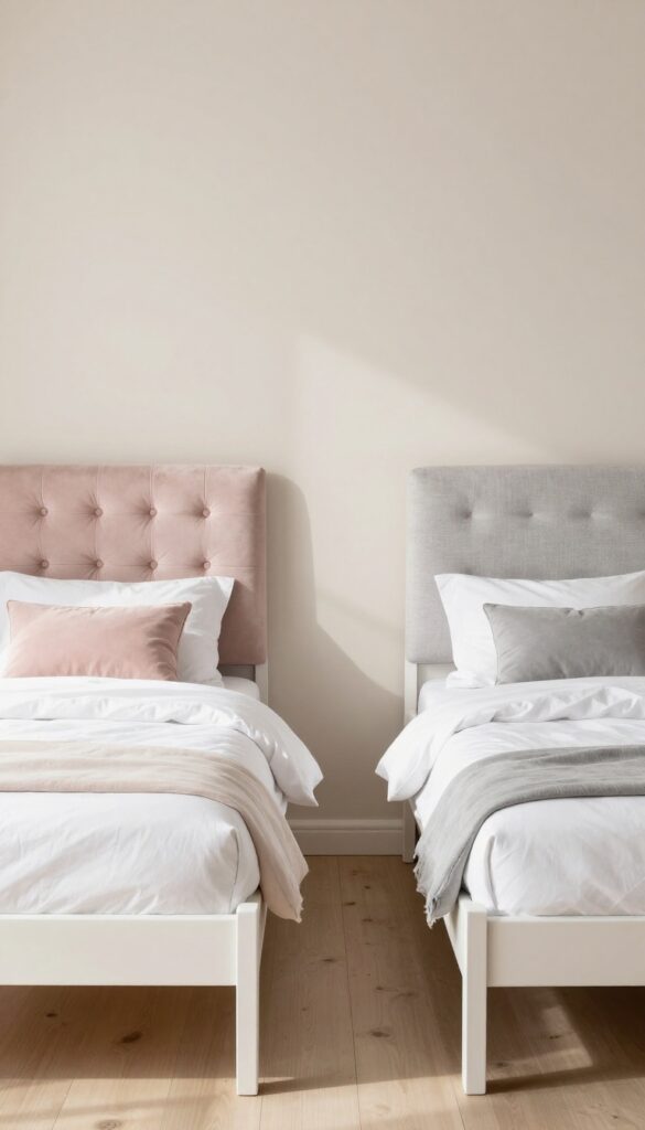 Two identical white bed frames with different headboards: blush velvet on the left and light gray linen on the right, in a bright twin girls bedroom.