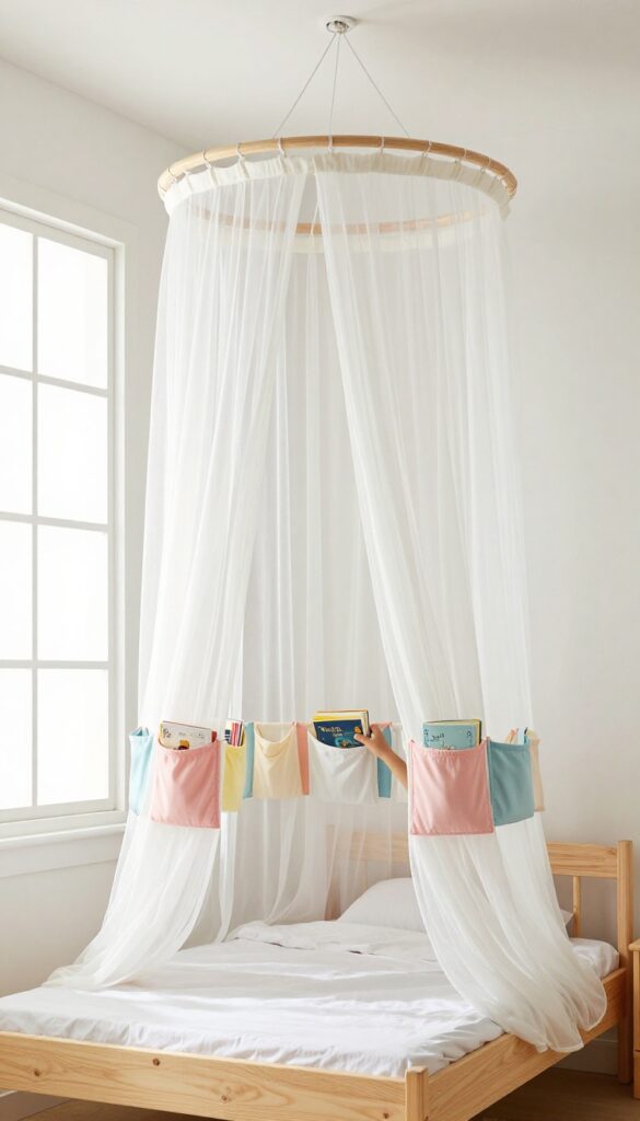 A light and airy kids bedroom with a ceiling-mounted canopy featuring storage pockets, a child placing a book in a pocket, natural light, clean composition.