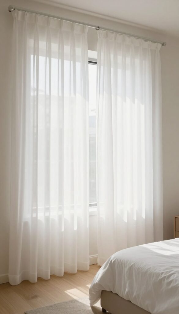 Small bedroom with white sheer curtains filtering soft natural light, creating a calm and airy atmosphere