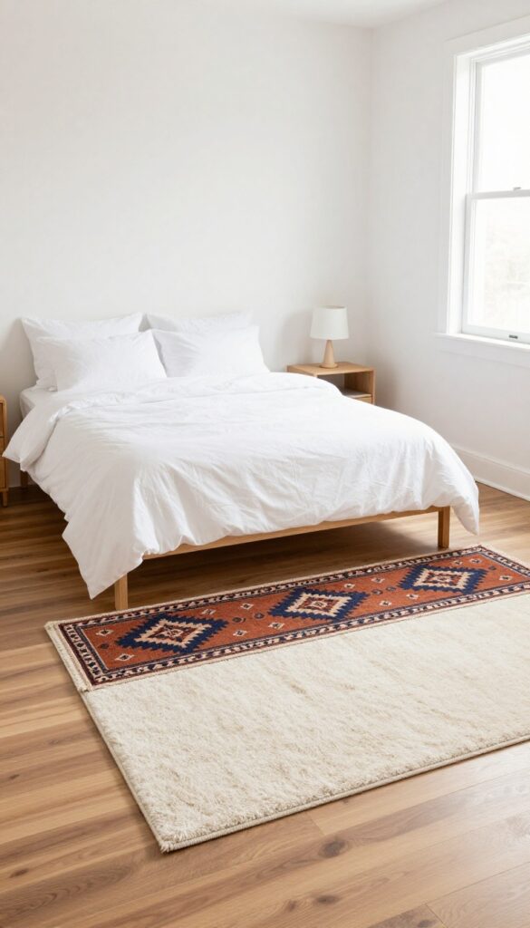 Layered rugs at the foot of a bed in a small bedroom, with a cream shag base and a patterned kilim top rug, adding texture and warmth.