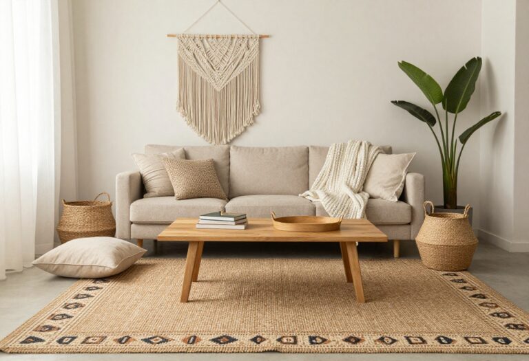 Cozy small boho living room with layered rugs, textured pillows, macrame wall art, and a low wooden coffee table in warm natural light.