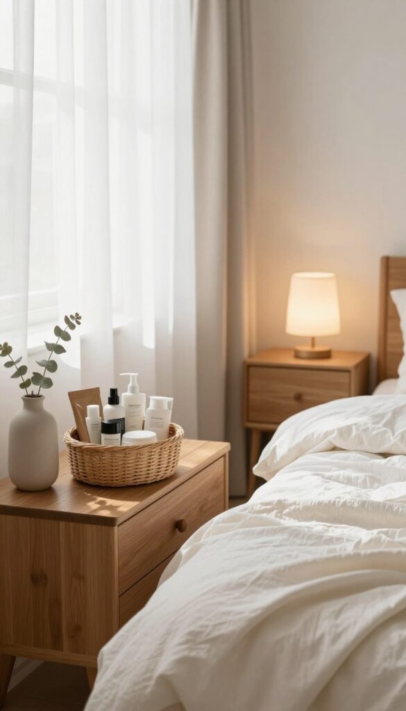 Cozy guest bedroom with a woven basket of toiletries on a dresser, eucalyptus sprig, and soft natural light.
