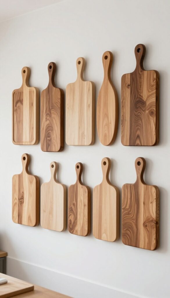 Wooden cutting boards displayed as wall art on a blank kitchen wall, adding warmth and texture to the space.