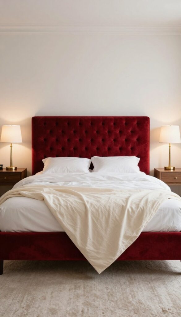 Luxurious bedroom featuring a tufted red velvet headboard with cream linens and warm lighting