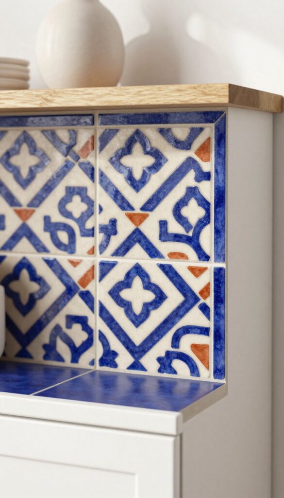 Moroccan cement tile backsplash with geometric patterns in blue, terracotta, and cream, white cabinets, and wood shelf