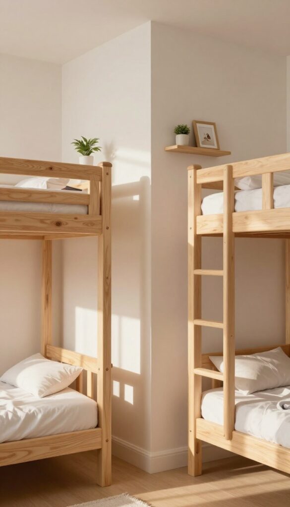 Two bunk beds with staggered wall-mounted shelves above each bed, creating a visual divider in a bright, airy children's bedroom.
