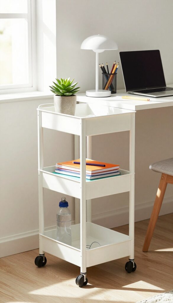 Teen bedroom with a rolling cart for mobile storage beside a desk, holding supplies and a plant.