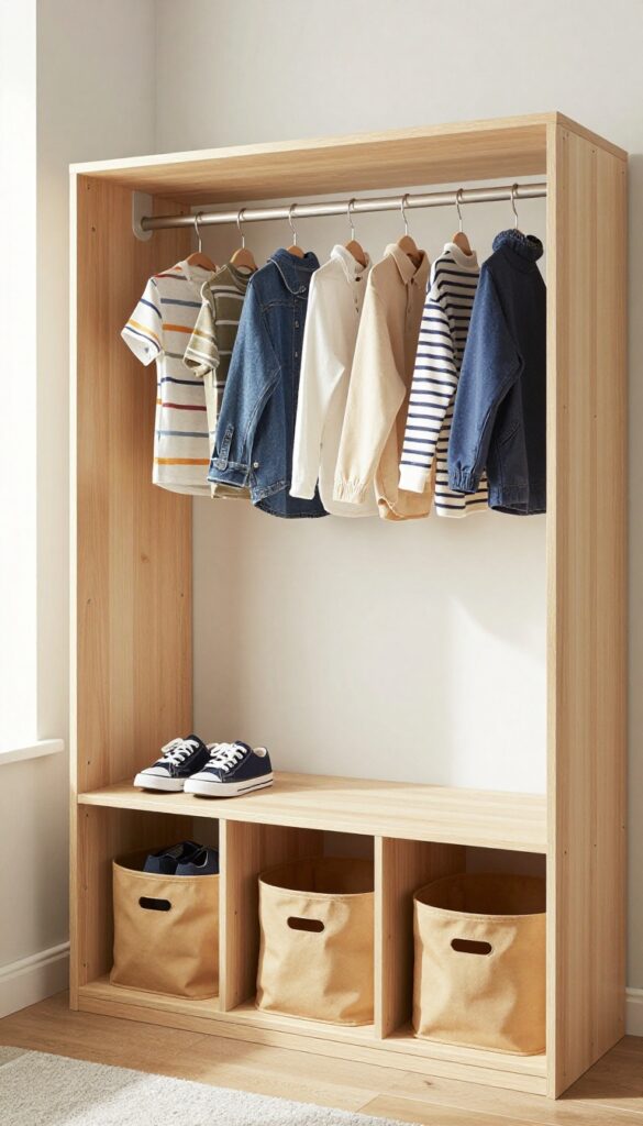 A boy's closet with low rod, cubbies for shoes, and hanging bins, organized with warm neutral bins and LED lighting.