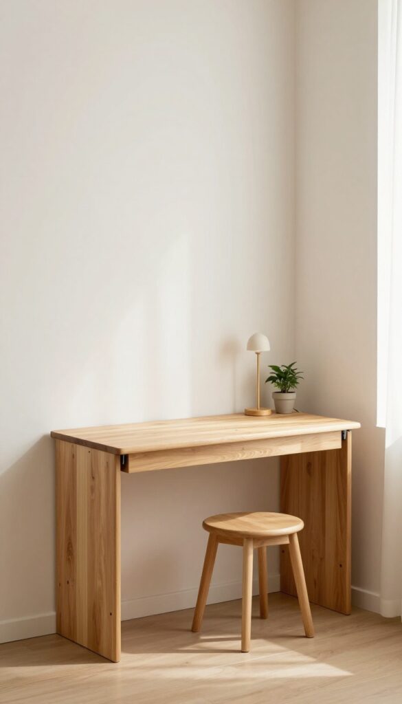 Small bedroom with fold-down wall table for breakfast or work, warm wood finish, stool tucked under, lamp and plant on table, bright natural light.