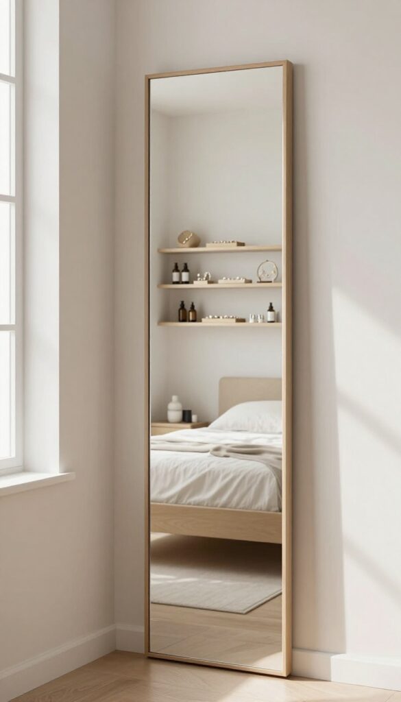 Mirror with hidden shelving in a small bedroom, reflecting natural light and storing accessories.
