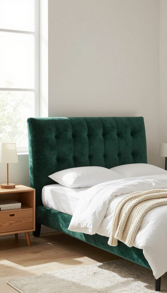 Luxury kids bedroom with emerald velvet tufted headboard, white bedding, knit throw, and natural light