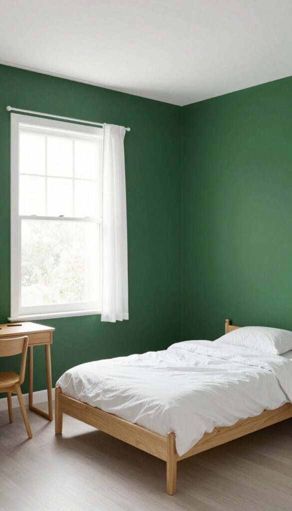 Boy's bedroom with a bold green accent wall behind the bed, white walls, natural wood furniture, and bright natural light.