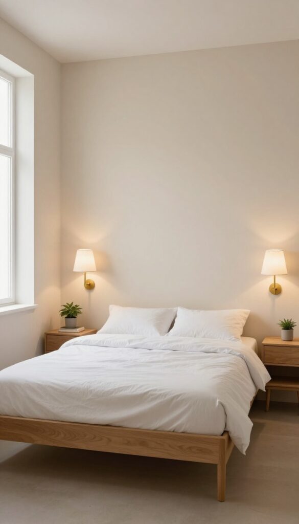 Small square bedroom with wall-mounted sconces instead of table lamps, minimalist nightstands, warm lighting, bright natural light, clean and airy interior design.