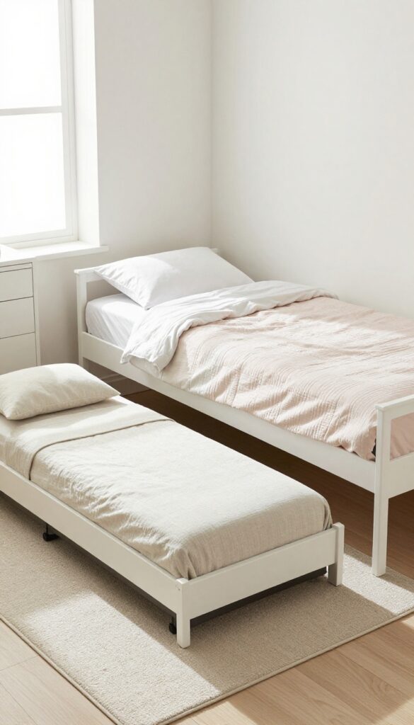 Small bedroom with a trundle bed, storage drawers, and a rug, bright natural light