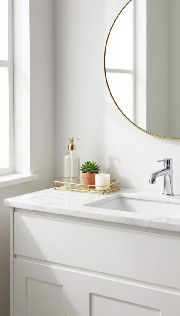 Tiered tray on bathroom counter with soap, succulent, and candle