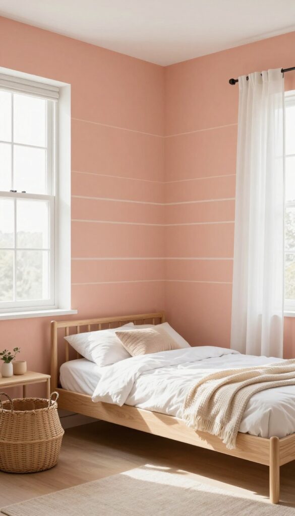 Boy's bedroom with muted coral accent wall, wooden bed, white bedding, and natural textures in bright natural light