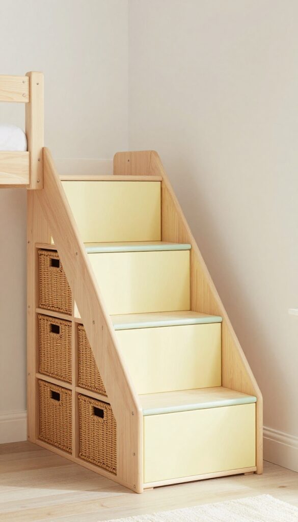 Bunk bed with storage stairs in a small kids bedroom