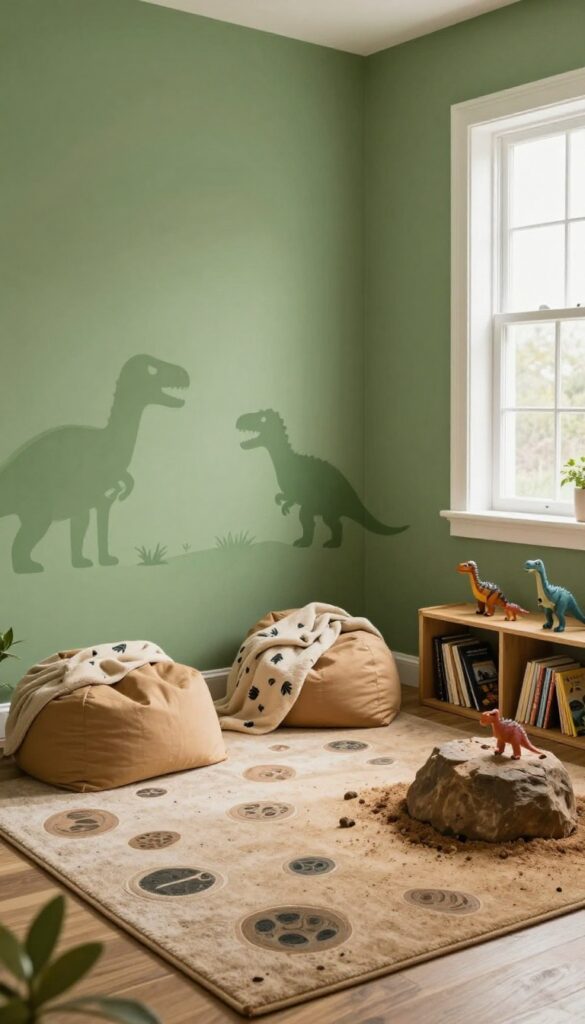 Cozy dinosaur dig site themed kids bedroom with fossil rug and silhouette decals