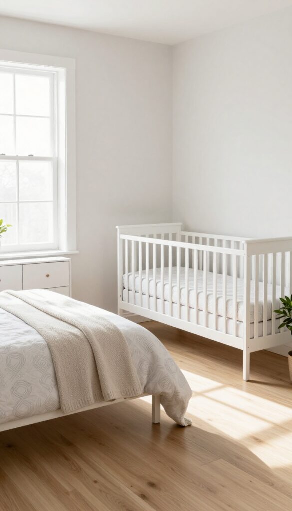 A bright nursery-guest room with a white crib and twin bed both dressed in neutral convertible bedding, featuring a subtle geometric pattern and a lightweight knit throw.