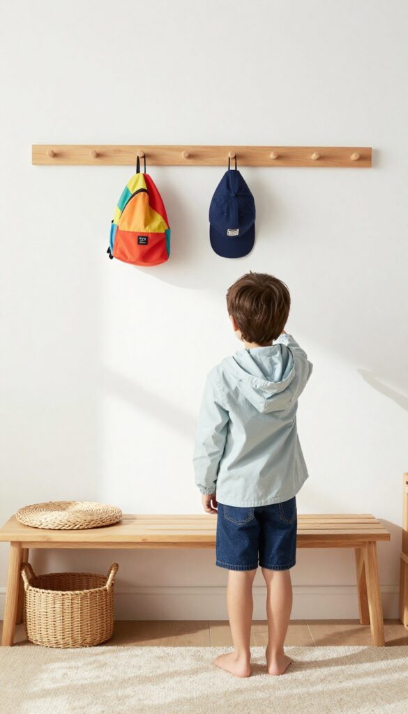 Boy's bedroom with wooden peg rail holding backpack, hat, and jacket, wooden bench and rug below, bright natural light