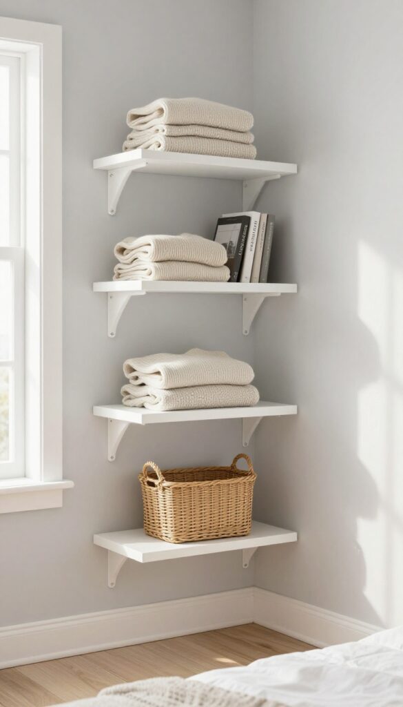 Wall-mounted corner shelves in a bright bedroom, displaying folded sweaters, books, and a basket, with natural light and minimalist decor.