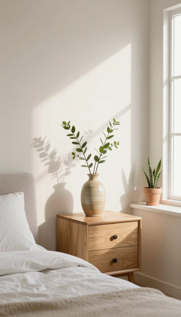 Guest bedroom with faux greenery in a ceramic vase on a nightstand and a snake plant on a shelf, natural light, neutral colors