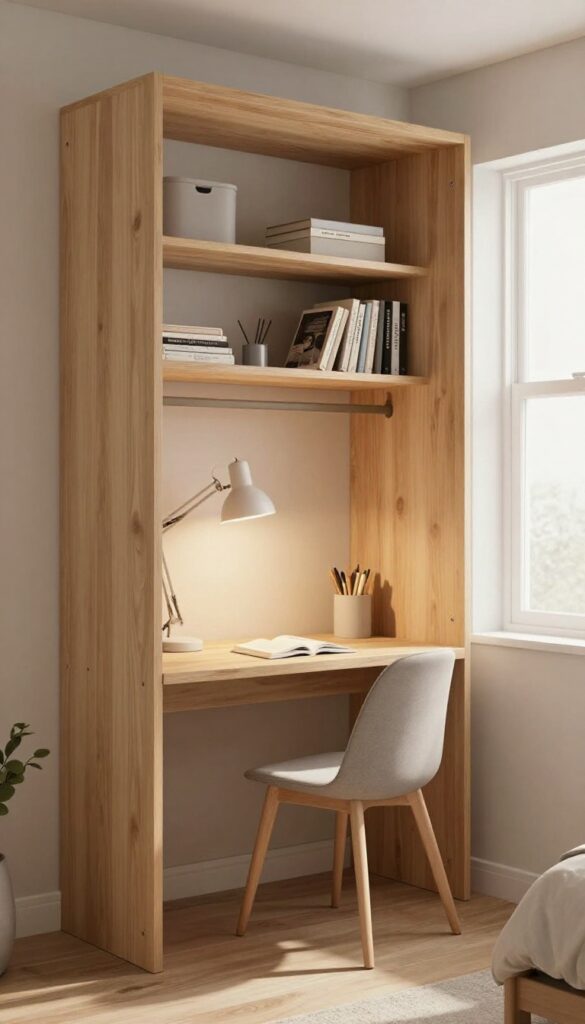 Closet converted into a hidden study desk with shelves and warm lighting in a teen boy's bedroom