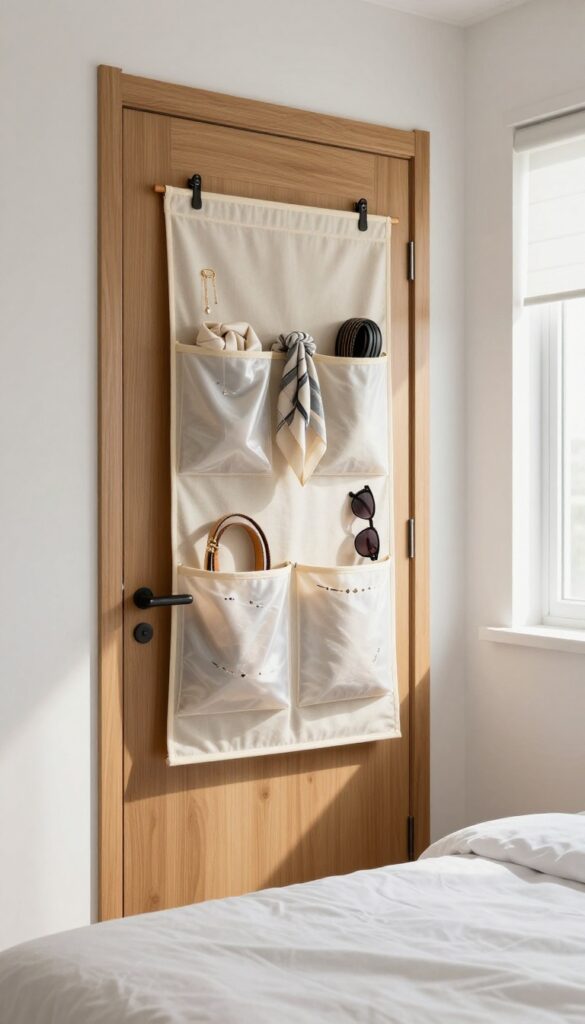 Over-the-door organizer with accessories on the back of a bedroom door in a bright, airy small bedroom.