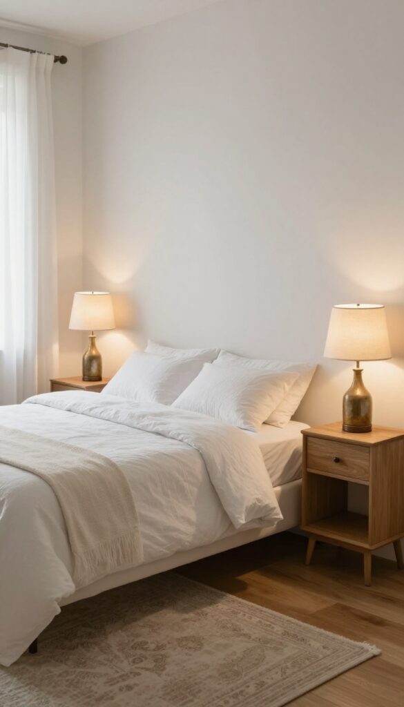 Cozy guest bedroom with thrifted lamps providing warm lighting on nightstands beside a bed.