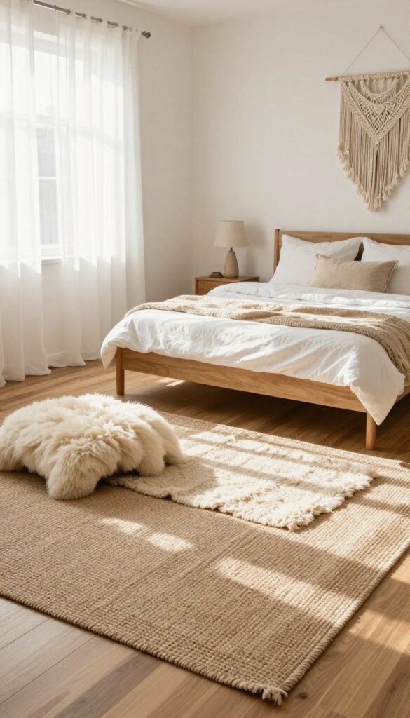 Layered natural jute and cream wool rugs on hardwood floor in a bright boho girls bedroom with soft sunlight and cozy decor