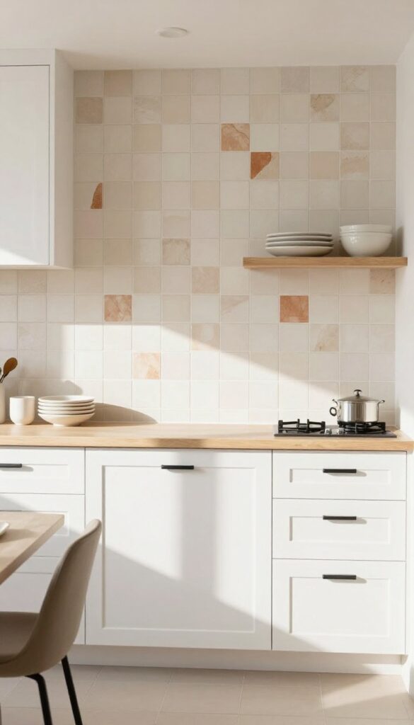 Zellige tile backsplash in a bright farmhouse kitchen with white cabinets and open shelving