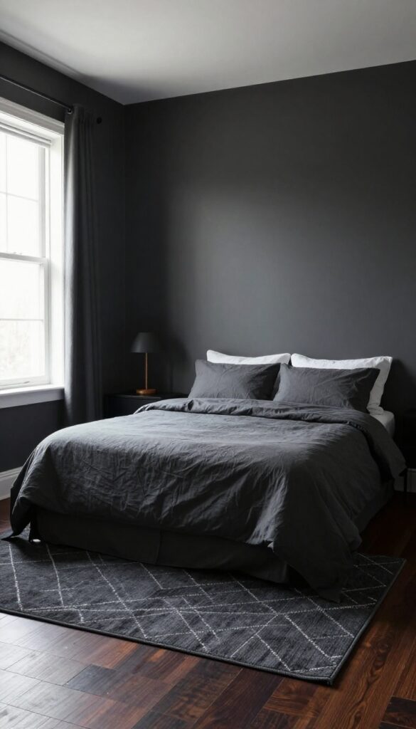 Small bedroom with dark tones, charcoal rug under bed, subtle texture, natural light