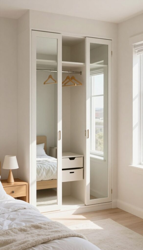 Small bedroom with mirrored closet doors reflecting light, cozy bed with white linens, neutral decor, bright and airy atmosphere.