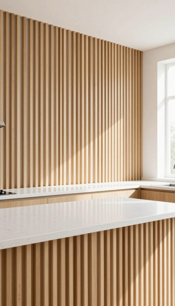 Modern kitchen with thin vertical wood slat backsplash and white countertop