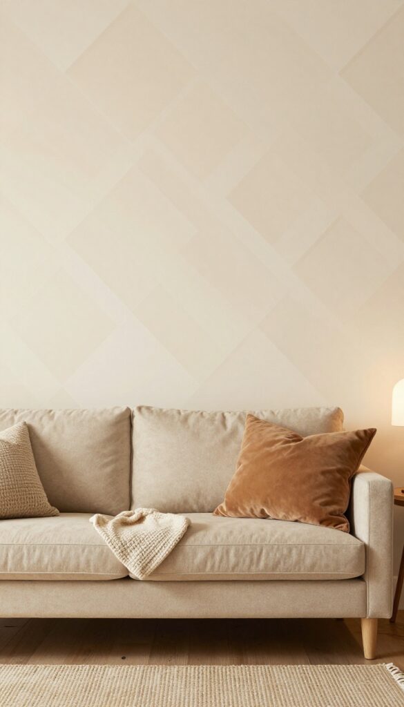 Living room with tone-on-tone stenciled geometric pattern accent wall behind sofa, soft textures and warm lighting.