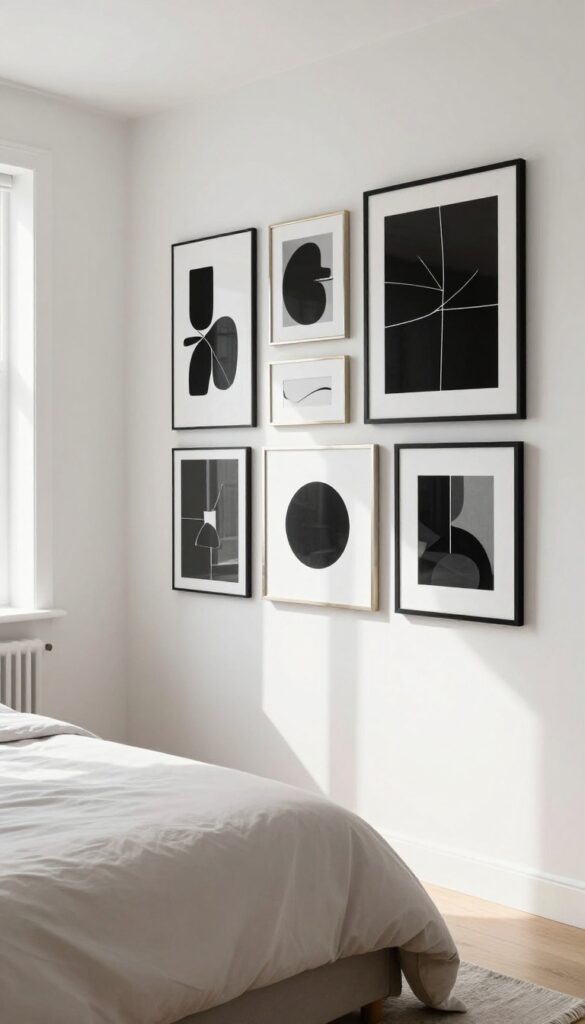 Gallery wall with black frames and white mats above a bed in a small bedroom, with metallic and mirrored frames adding light and depth.