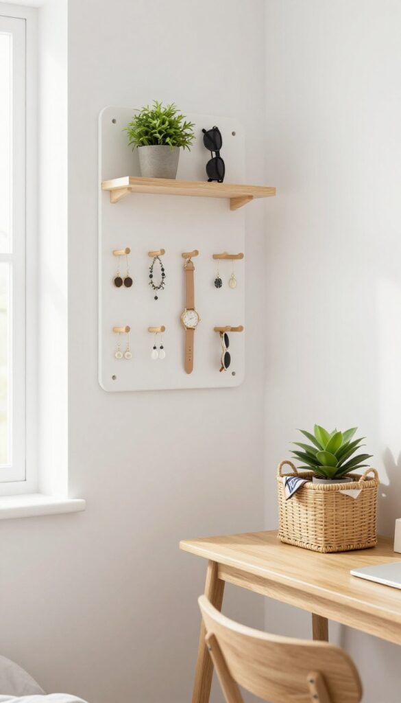Wall-mounted pegboard organizer in a small bedroom with accessories and a small plant.