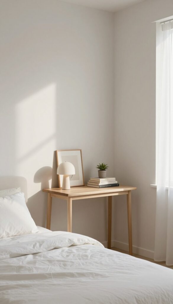 Small bedroom with a slim console table behind the bed, featuring a lamp, books, and a plant, with bright natural light.