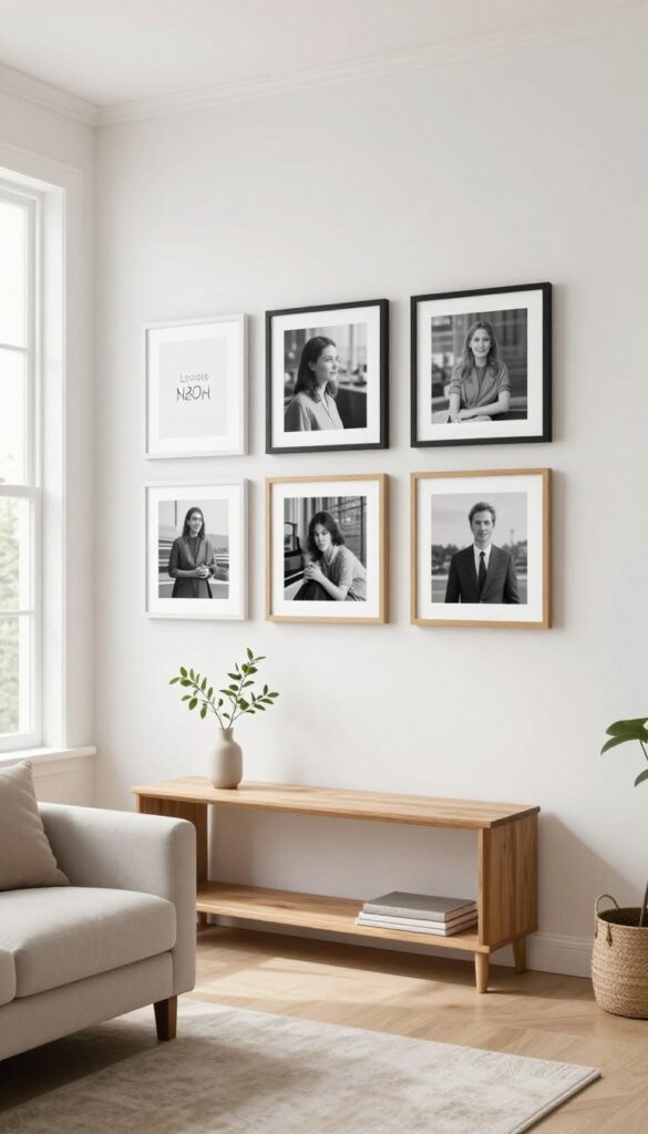A light and airy living room with a curated gallery wall of a few framed photos and art, a console table with a single vase, and no clutter.
