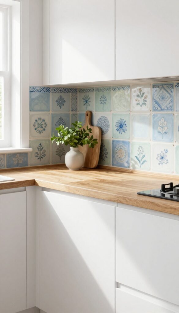 Kitchen backsplash with hand-painted blue and white floral tiles, wood countertop, and greenery, bright natural light.