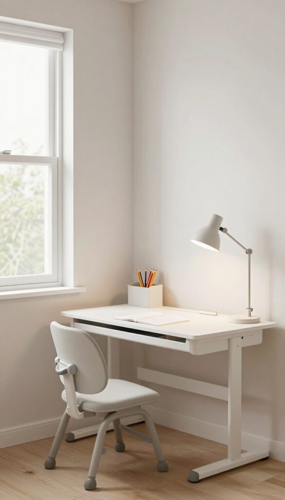 Modern kids bedroom with a wall-mounted homework desk in a bright corner, featuring a fold-down desk, ergonomic chair, and wall organizer.