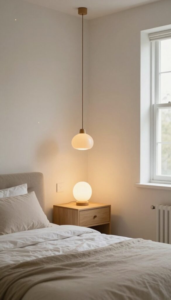 Small bedroom with layered lighting including pendant light, table lamp, wall sconces, and string lights creating a warm, inviting atmosphere.